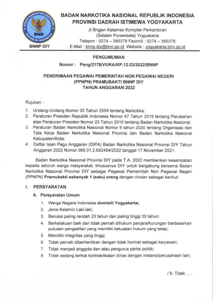Lowongan kerja BNN Terbaru 2022