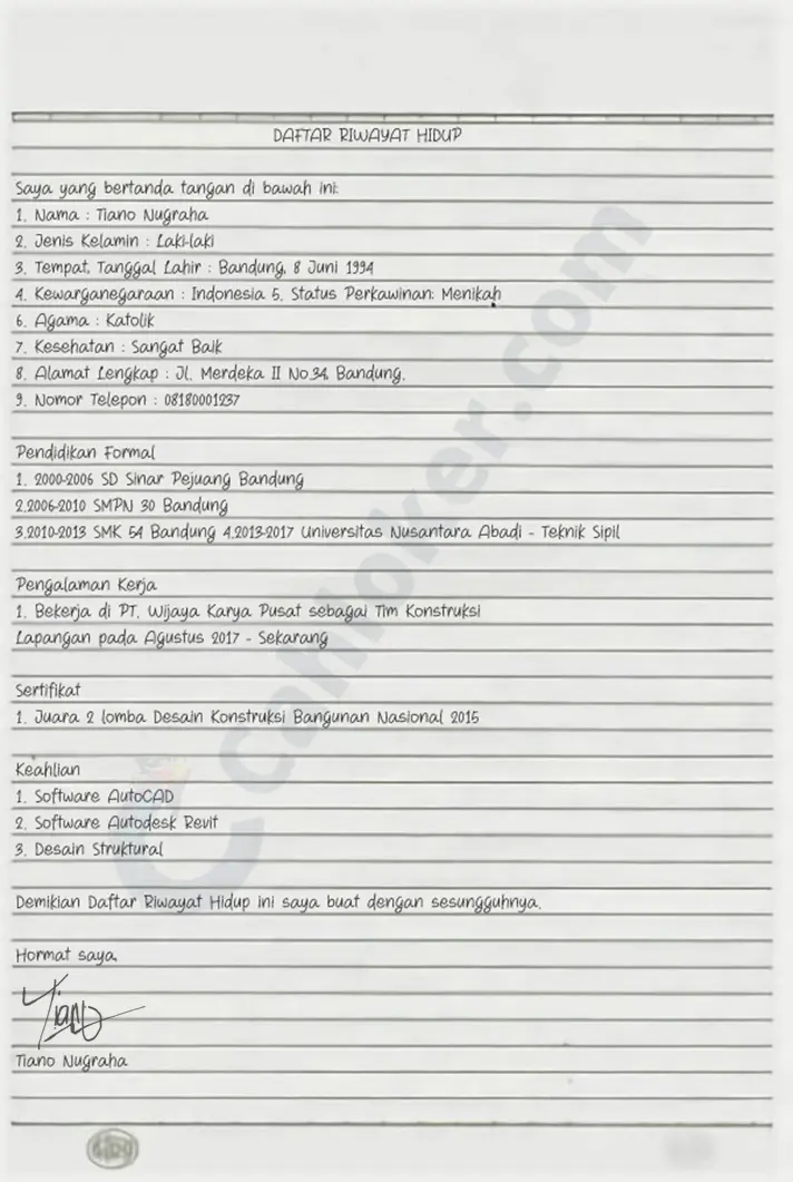 Contoh Daftar Riwayat Hidup Tulis Tangan
