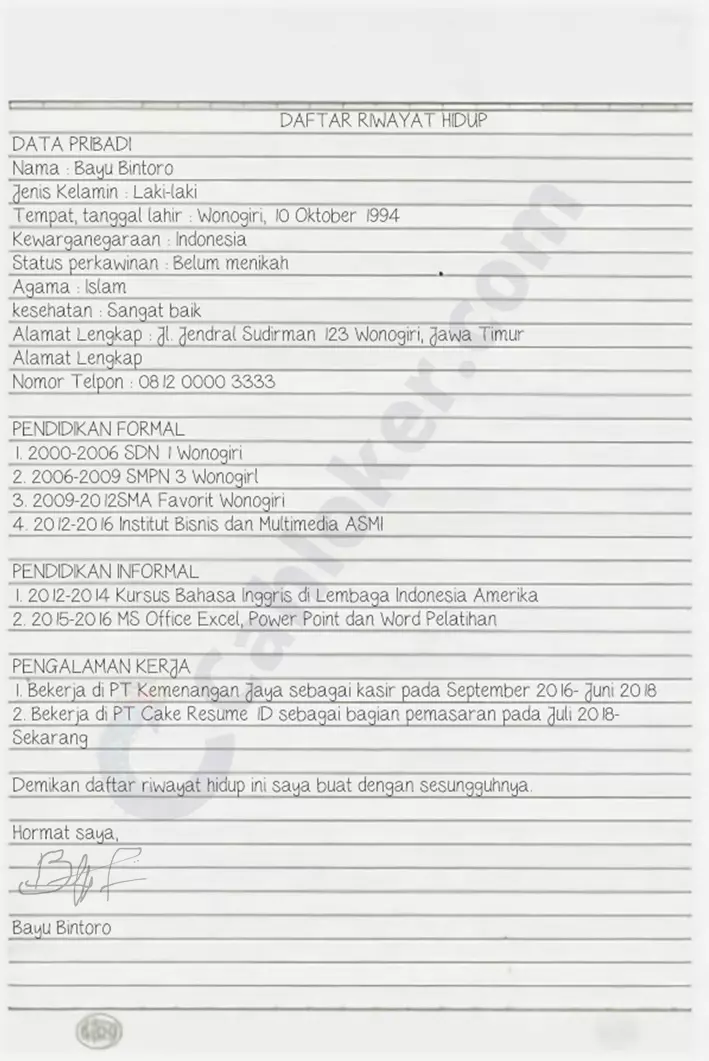 Contoh Daftar Riwayat Hidup Tulis Tangan yang Baik dan Benar