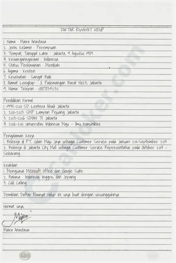 Contoh Daftar Riwayat Hidup Tulis Tangan