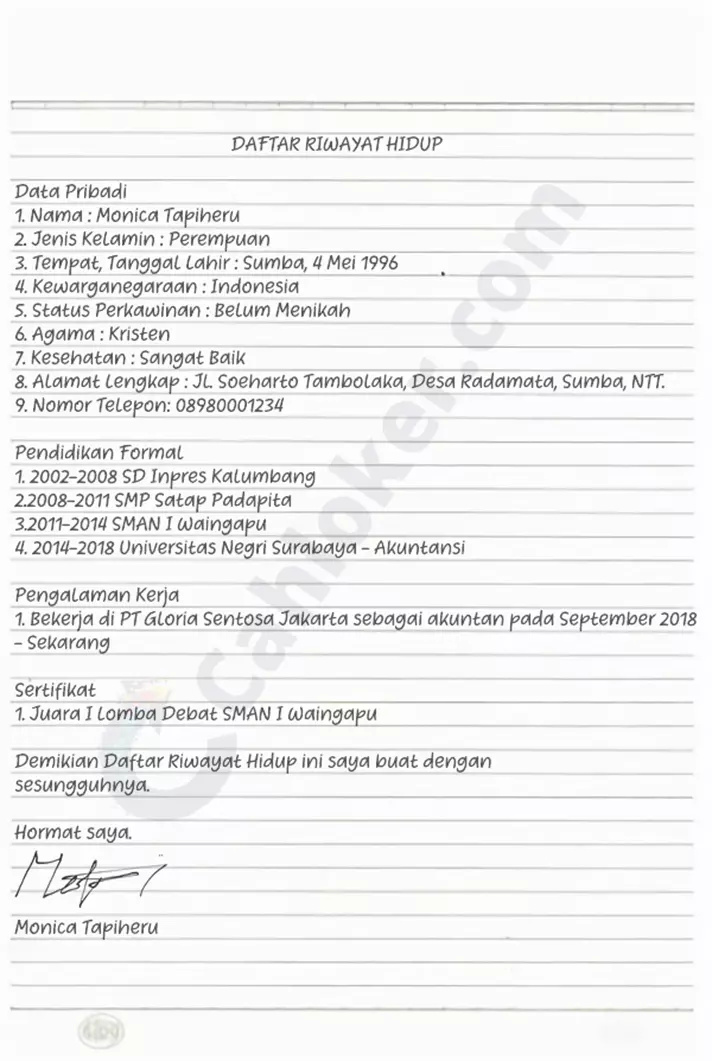 Contoh Daftar Riwayat Hidup
