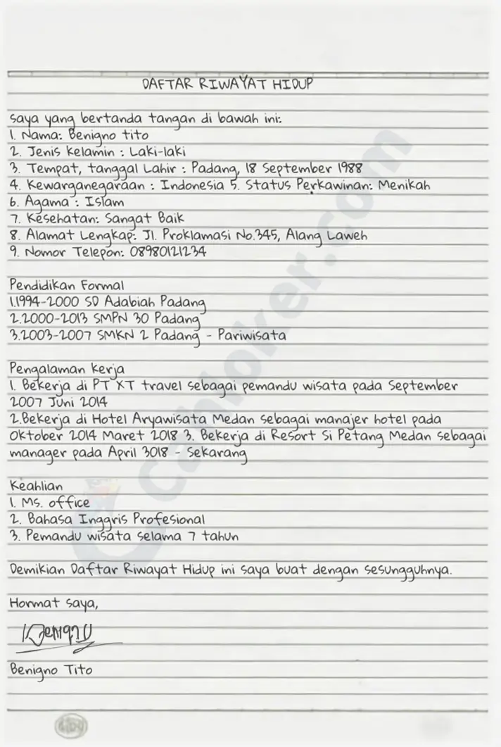 Contoh Riwayat Hidup Tulis Tangan